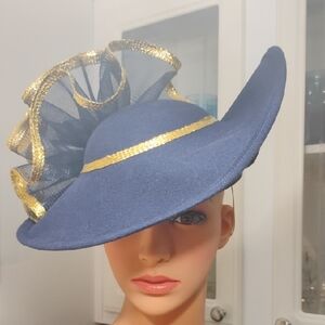 Navy Women's Dress Hat with Gold Trim and Decorative Bow